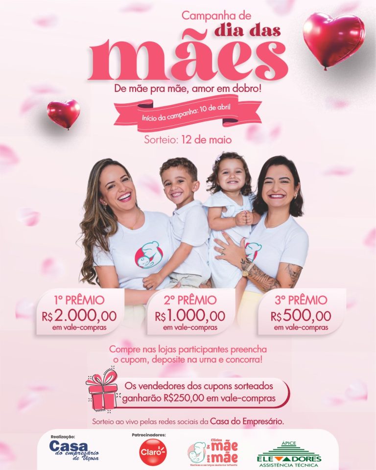 Arte da Campanha do Dia das Mães 2026 "De mãe para mãe: amor em dobro", com os prêmios de R$ 2.000, R$ 1.000 e R$ 500 em vale-compras