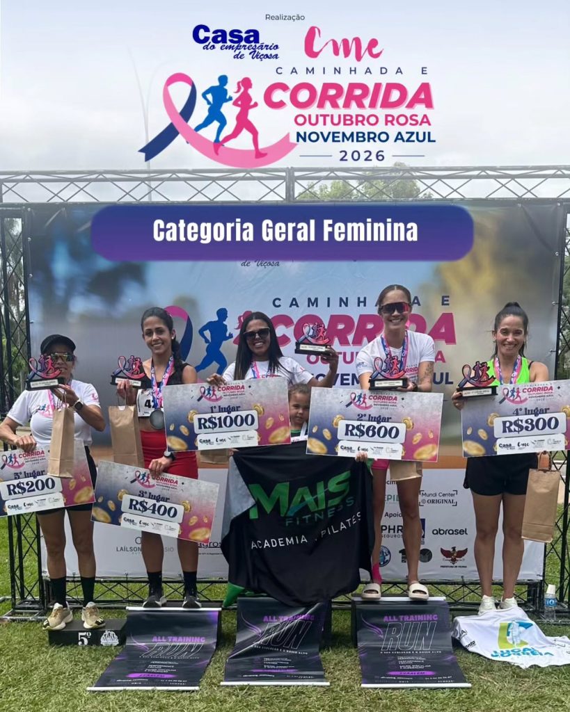 Pódio da categoria geral feminina da Corrida Outubro Rosa e Novembro Azul 2026