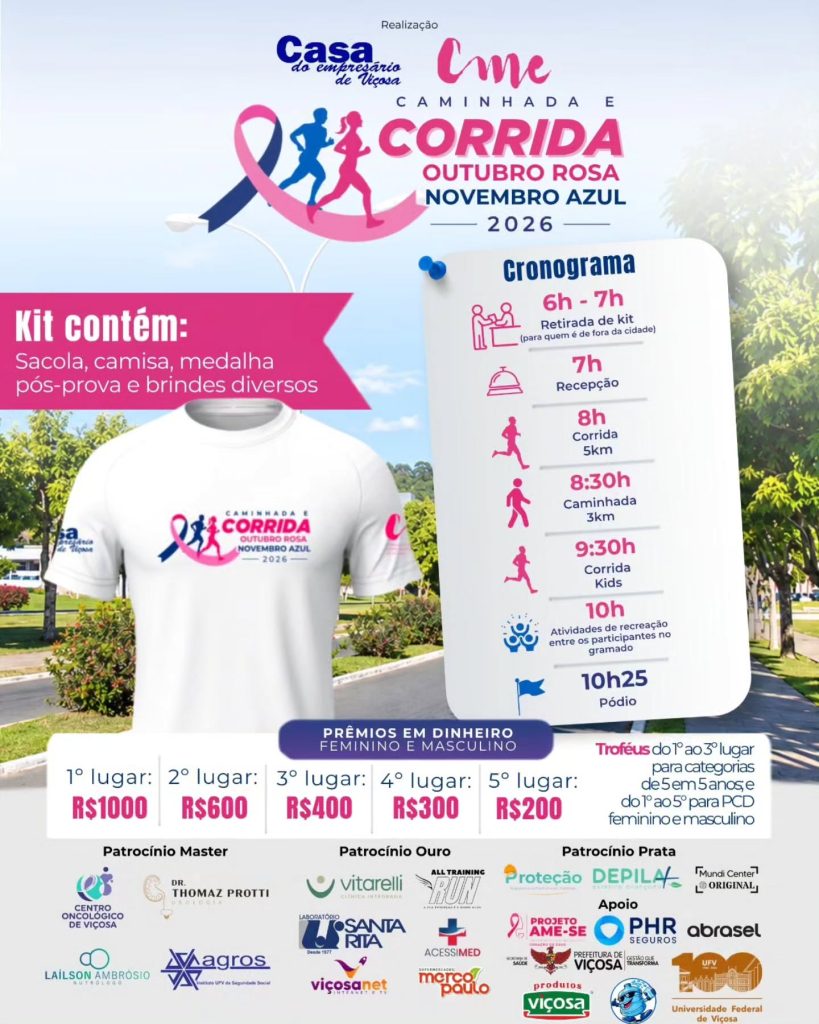 Arte com o cronograma, o kit e a premiação da Corrida e Caminhada Outubro Rosa e Novembro Azul 2026