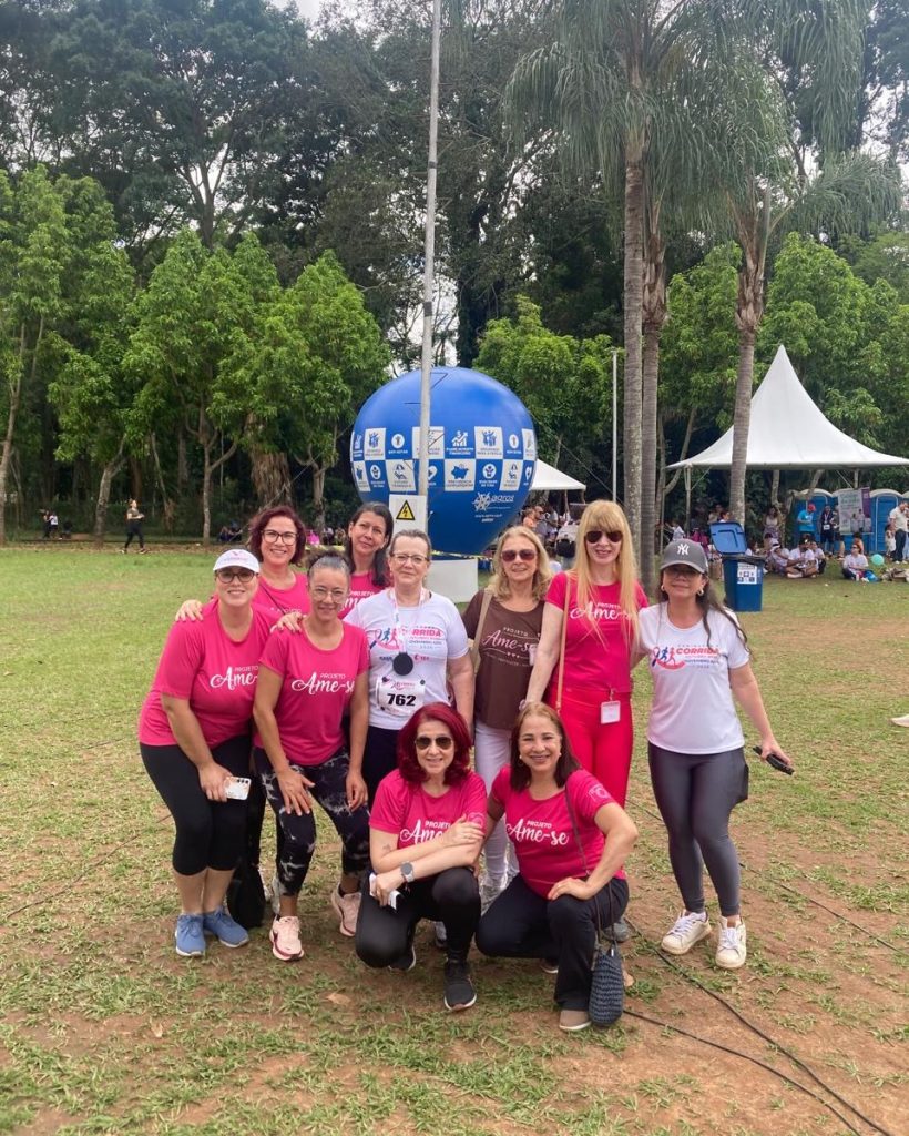 Grupo de participantes de rosa no gramado das Quatro Pilastras