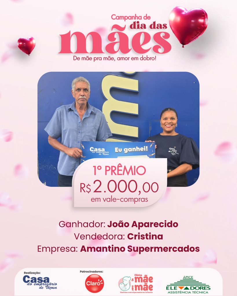 João Aparecido, ganhador do 1º prêmio de R$ 2.000 da Campanha do Dia das Mães, com a vendedora Cristina, do Amantino Supermercado