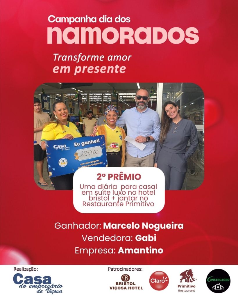 Marcelo Nogueira, ganhador do 2º prêmio da Campanha do Dia dos Namorados: diária no Bristol Viçosa Hotel e jantar no Restaurante Primitivo