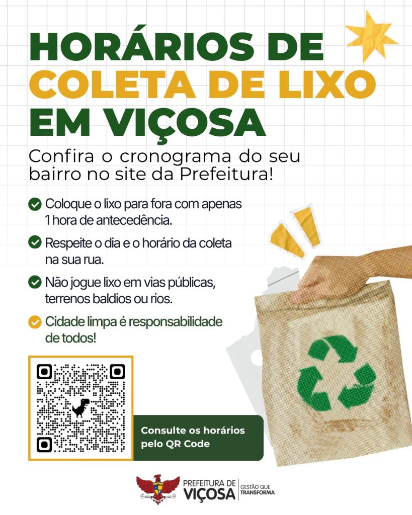 Orientações e QR Code para consultar os horários de coleta de lixo por bairro em Viçosa